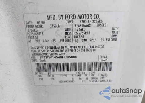 2008 Ford F-150 60Th Anniversary/Fx4/King Ranch/Lariat/Limited/Xlt из США, поврежденный, VIN 1FTPW14548FC05886